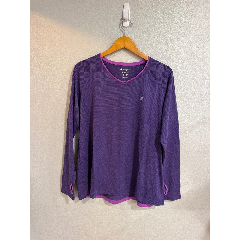 Champion Performance Top Women 2X Purple Stripe V-Neck Long Sleeve Thumbholes